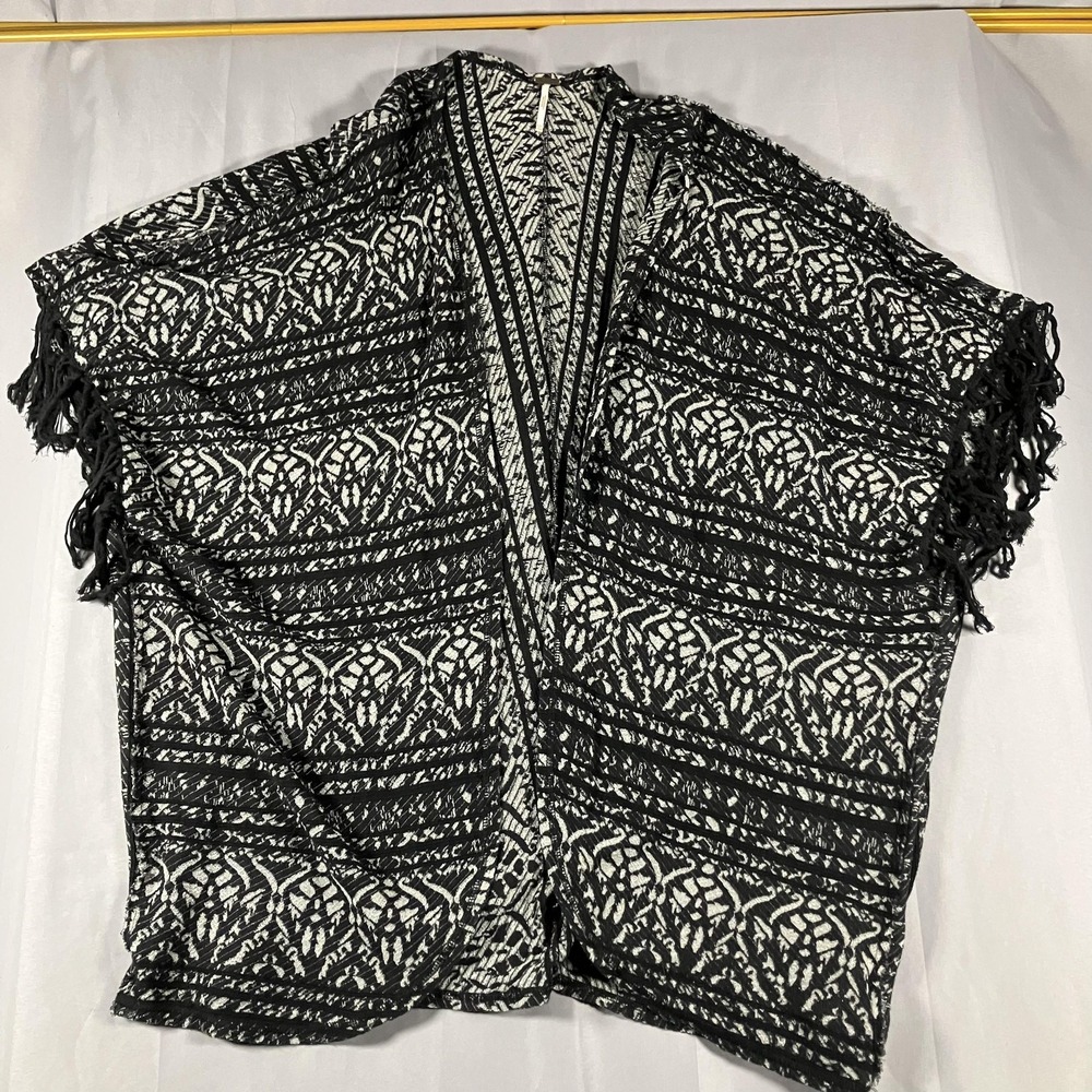 Free People Kimono Cardigan Womens XS/S Black White‎ Fringe Boho Open Front